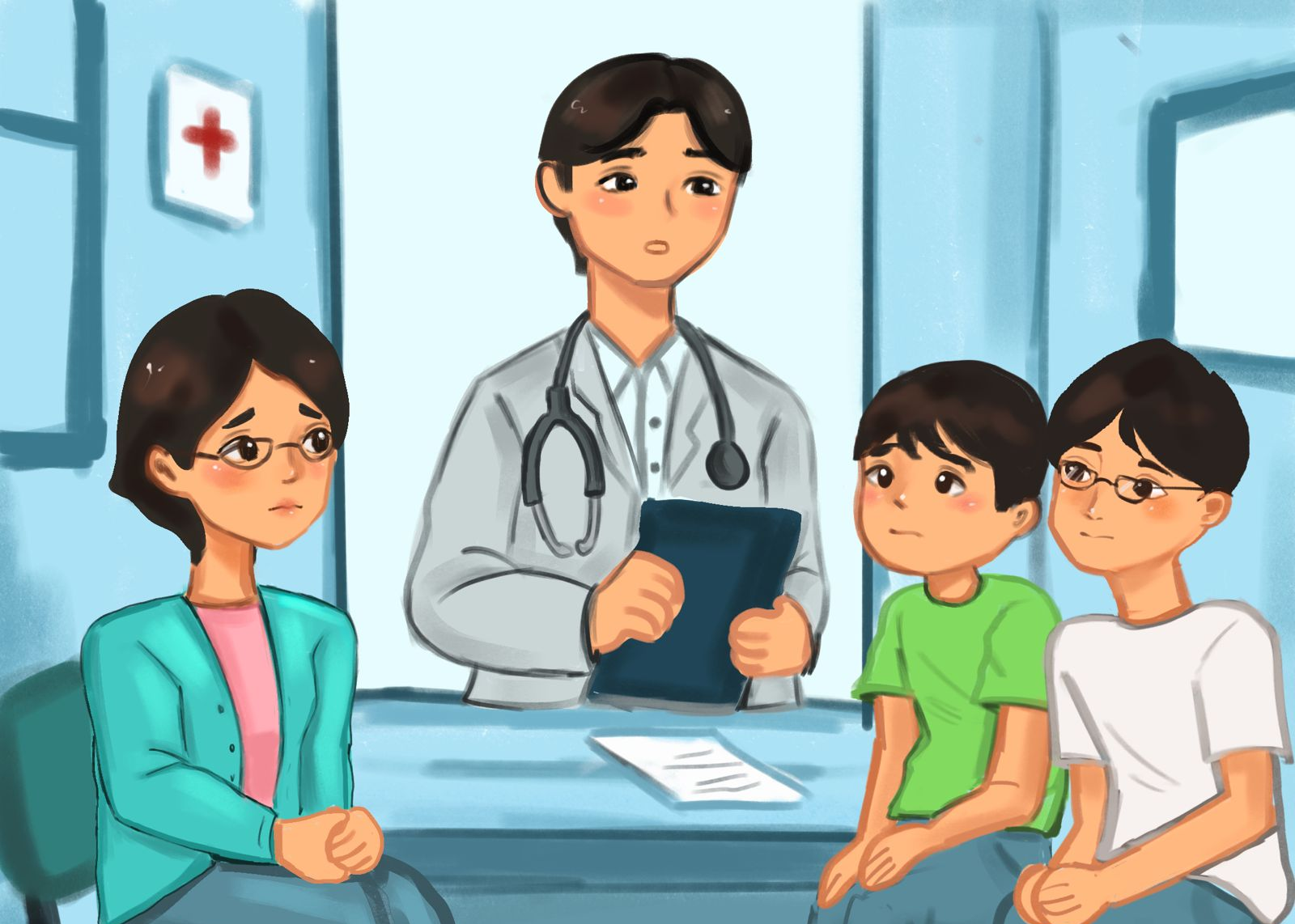 Ilustrasi Mona, Abraham, dan dokter di ruangan RS